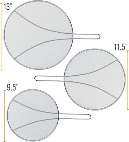 U.S. Kitchen Supply Set of 3 Stainless Steel Splatter Screen - 13", 11.5" & 9.5" Sizes - Fine Mesh Splatter Screen with Resting Feet Set, Grease Guard for Kitchen Pots and Pans