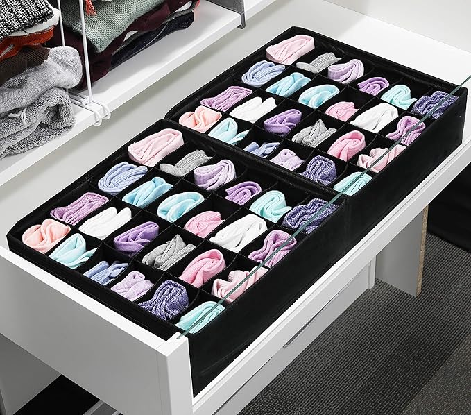 Simple Houseware 2 Pack Closet Sock Organizer, 24 Cell Drawer Divider, Black