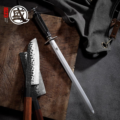 MITSUMOTO SAKARI 10 inch Japanese Honing Steel - Flat Diamond Knife Sharpening Rod, Professional High Carbon Sharpener with ABS Handle & Powerful Magnet