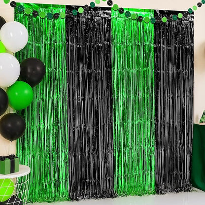 KatchOn, Green and Black Fringe Backdrop Curtains - Pack of 4 | Black and Green Party Decorations | Golf Party Decorations, Birthday, Bachelorette, Wedding, Masters Party Decorations