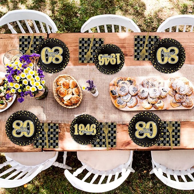 96PCS 80th Theme Birthday Party Tableware Vintage 1946 Party Supplies 80 Year Old Birthday Decorations Plates Napkins Forks Black and Gold Dinnerware Favors for Men or Women