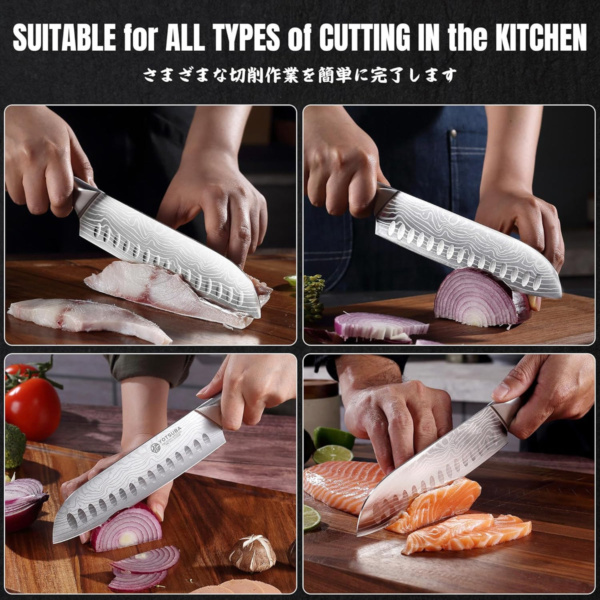 Yotsuba Santoku Knife, 7 Inch Kitchen Knife, Sharp Japanese Knife with Wooden Handle, Forged High Carbon German Stainless Steel