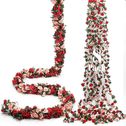 Miracliy 8Pcs 66FT Red Flower Garland, Orange Artificial Rose Floral Vines Fake Hanging Spring Flower Garland for Wall Backdrop Wedding Arch Tea Party Door Mantle Decoration