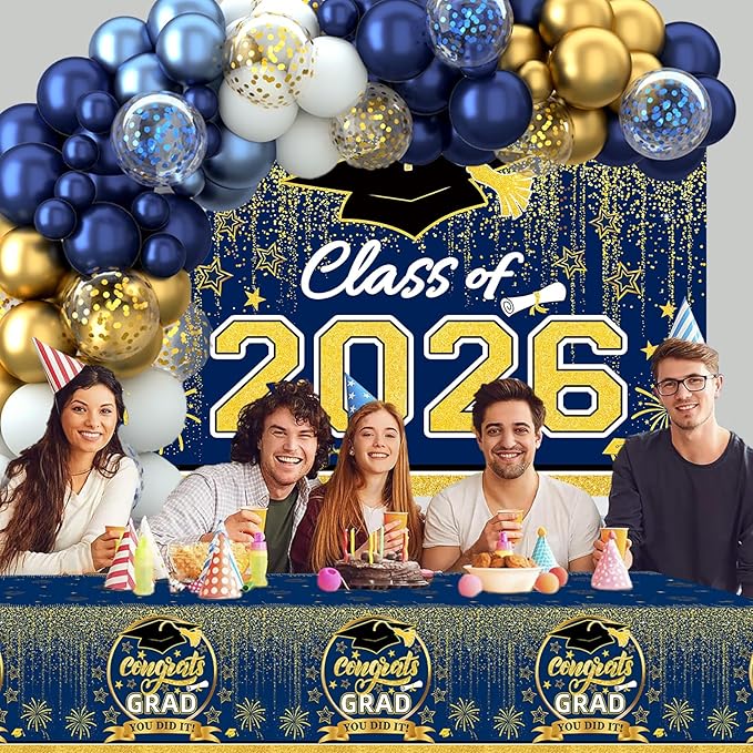 Graduation Decorations 2026, Blue and Gold Balloon Garland Arch, Navy Blue Graduation Decorations with Congrats Grad Tablecloth and Class of 2026 Backdrop for High School College Grad Party Supplies