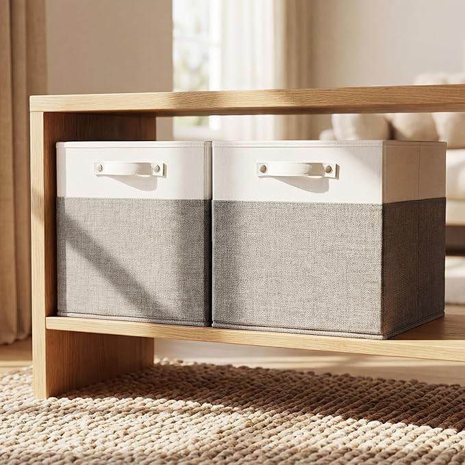 FinishingBo 13x13x13 Inches Fabric Storage Bin with Handles, Cube Storage Bins, Storage Baskets for Organizing Shelf Home Closet,6 Pack (White and Grey)