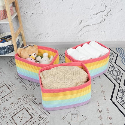 XUANGUO 3-Pack Rainbow Storage Baskets 15X10X9.3“ – Woven Toy Organizer Bins for Kids, Baby Room, Nursery, and Classroom – Cute Square Rope Baskets for Shelves and Organization Rainbow