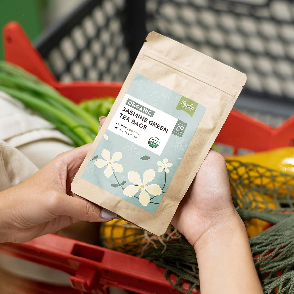 Fescha Organic Jasmine Green Tea Bags, Flower-scented Tea (50-count), Eco-Conscious Tea Bags, Packed by Resealable Kraft Bag