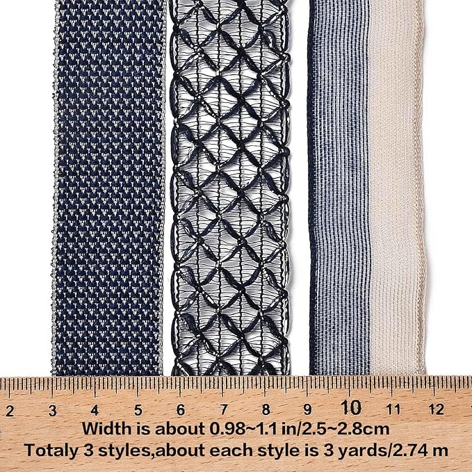 BEEFLYING 3 Styles Navy Blue Wire Edged Ribbons for Gift Wrapping, 25~28mm×2.7m Satin Ribbons Sheer Ribbons for Wedding Party Decoration Hair Bows Flower Designs Sewing and Craft, 9 Yards