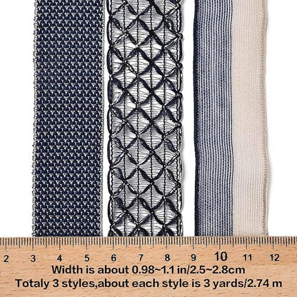 BEEFLYING 3 Styles Navy Blue Wire Edged Ribbons for Gift Wrapping, 25~28mm×2.7m Satin Ribbons Sheer Ribbons for Wedding Party Decoration Hair Bows Flower Designs Sewing and Craft, 9 Yards