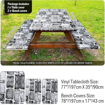 Boao 3 Pcs Vinyl Picnic Table Cover with Bench Cover 6 ft 30 x 72 Inch Waterproof Fitted Tablecloth Flannel Backing Rectangular Elastic Edged for Camping Outdoor Patio Travel(Brick)