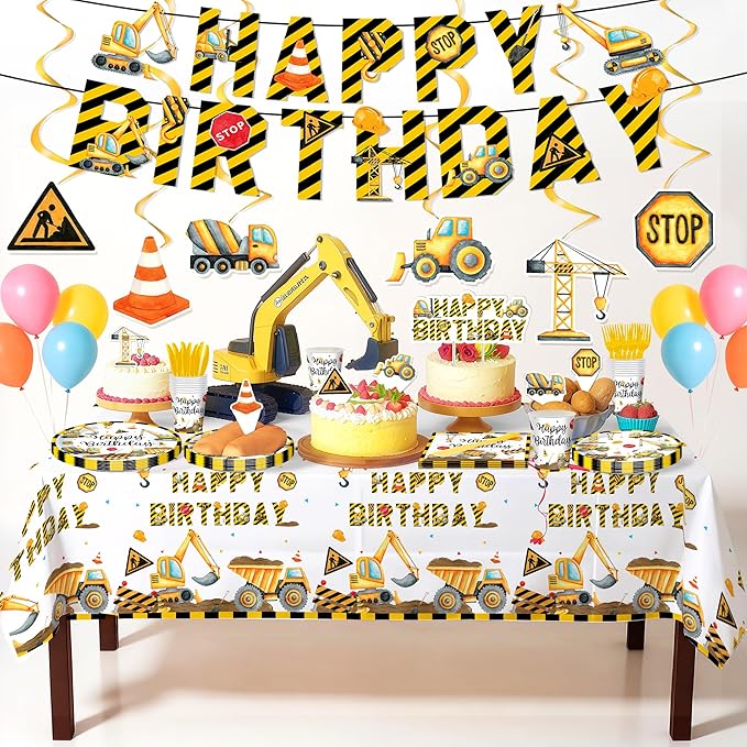 Construction Birthday Party Supplies Construction Party Decorations Includes Plates Napkins Cups Hanging Swirl Banner Tablecloth and Cake Toppers For Construction Theme Birthday Decorations