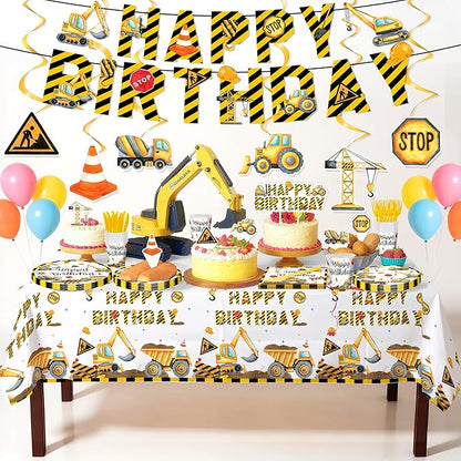 Construction Birthday Party Supplies Construction Party Decorations Includes Plates Napkins Cups Hanging Swirl Banner Tablecloth and Cake Toppers For Construction Theme Birthday Decorations