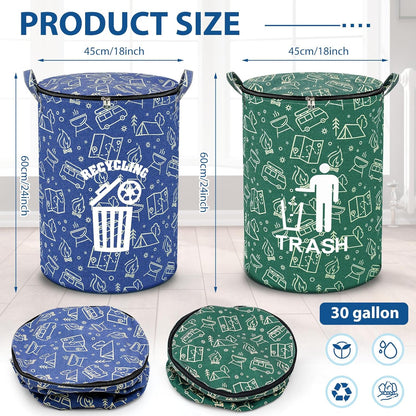 2 Pack Collapsible Trash Can Camping with Zippered Lid Foldable Storage Bin Portable Garbage Can for Outdoor Camping RV's Yard Waste (Trash and Recycling Style)