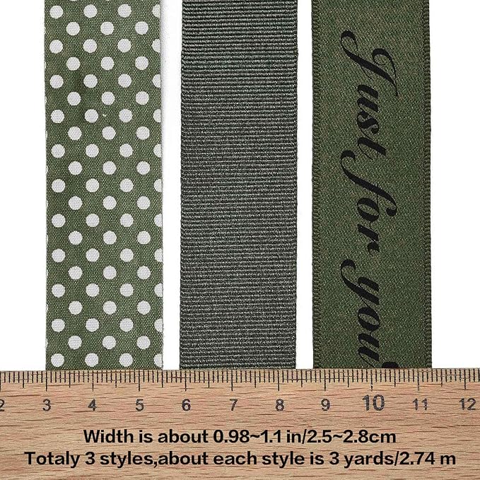 BEEFLYING 3 Styles Olive Green Wire Edged Ribbons for Gift Wrapping Decoration 25~28mm×2.7m Spot Ribbons Satin Ribbons for Wedding Party Decoration Hair Bows Flower Designs Sewing and Craft, 9 Yards