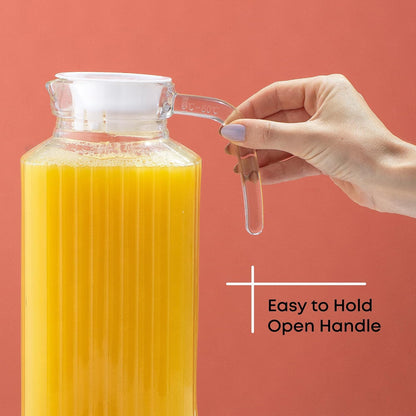 JoyJolt 60oz Glass Pitcher with Lid (2 Lids) - Beverage Serveware and Storage Container for Cold Drinks and Liquids. Juice Container, Water Jug