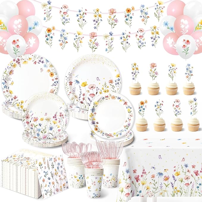 Kinovo 202PCS Wildflower Party Decorations Set with Banner, Balloons, Plates, Cups, Napkins, Tablecloth & Cutlery - Floral Baby Shower Birthday Supplies for 24 Guests