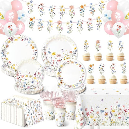Kinovo 202PCS Wildflower Party Decorations Set with Banner, Balloons, Plates, Cups, Napkins, Tablecloth & Cutlery - Floral Baby Shower Birthday Supplies for 24 Guests