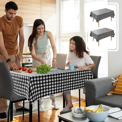 Nasitos 2 Pack Rectangle Vinyl Table Cloth with Flannel Backing 60x120 Inch-Waterproof Outdoor Picnic Tablecloth Checkered, Wipeable Plastic Black and White Table Cover for Dinner Party, Kitchen