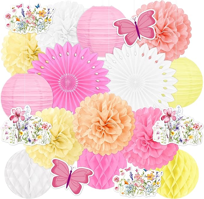 20pcs Spring Wildflower Party Decorations – Hanging Paper Fans, Pom Poms, Lanterns for Fairy Birthday, Garden Tea Party, Wedding Floral Decor, Baby in Bloom Shower