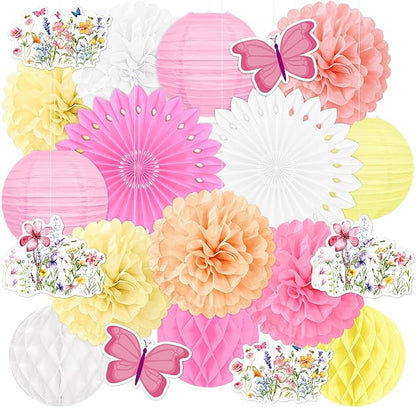 20pcs Spring Wildflower Party Decorations – Hanging Paper Fans, Pom Poms, Lanterns for Fairy Birthday, Garden Tea Party, Wedding Floral Decor, Baby in Bloom Shower