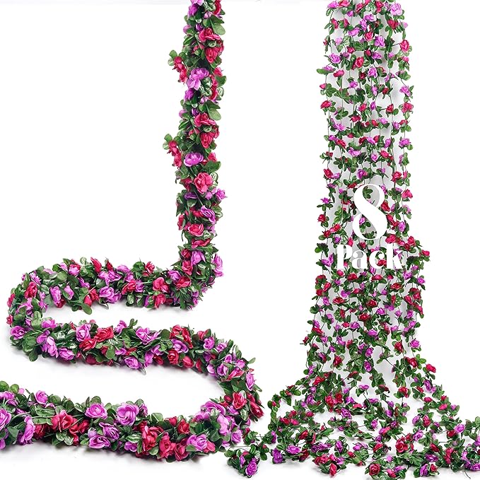 Miracliy 8Pcs 66FT Purple Flower Garland, Artificial Rose Floral Vines Fake Hanging Spring Flower Garland for Wall Backdrop Wedding Arch Tea Party Door Mantle Decoration