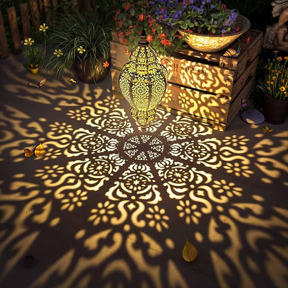 Hapjoy Moroccan Hanging Solar Lights Outdoor Lantern Bidirectional Availabili Garden Decor Waterproof Plastic Gold Decorations for Patio Pathway Yard Backyard Solar Powered Garden Decorative (1, gold)