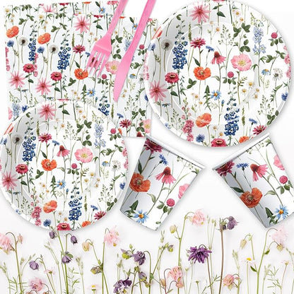 Floral Party Decorations Tableware, Spring Summer Flower Wildflower Party Supplies for Birthday Baby Shower, Paper Plate, Cup, Napkin, Tablecloth, Disposable Cutlery, Serves 24