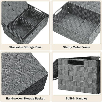 Uvellgift Storage Bins with Lids, Woven Storage Box Organizer Containers Decorative Baskets Cube for Clothes Bedroom Closet Office (5 Pack, Grey)