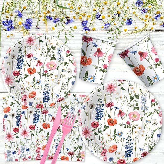 Floral Party Decorations Tableware, Spring Summer Flower Wildflower Party Supplies for Birthday Baby Shower, Paper Plate, Cup, Napkin, Tablecloth, Disposable Cutlery, Serves 24
