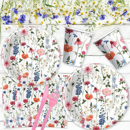 Floral Party Decorations Tableware, Spring Summer Flower Wildflower Party Supplies for Birthday Baby Shower, Paper Plate, Cup, Napkin, Tablecloth, Disposable Cutlery, Serves 24