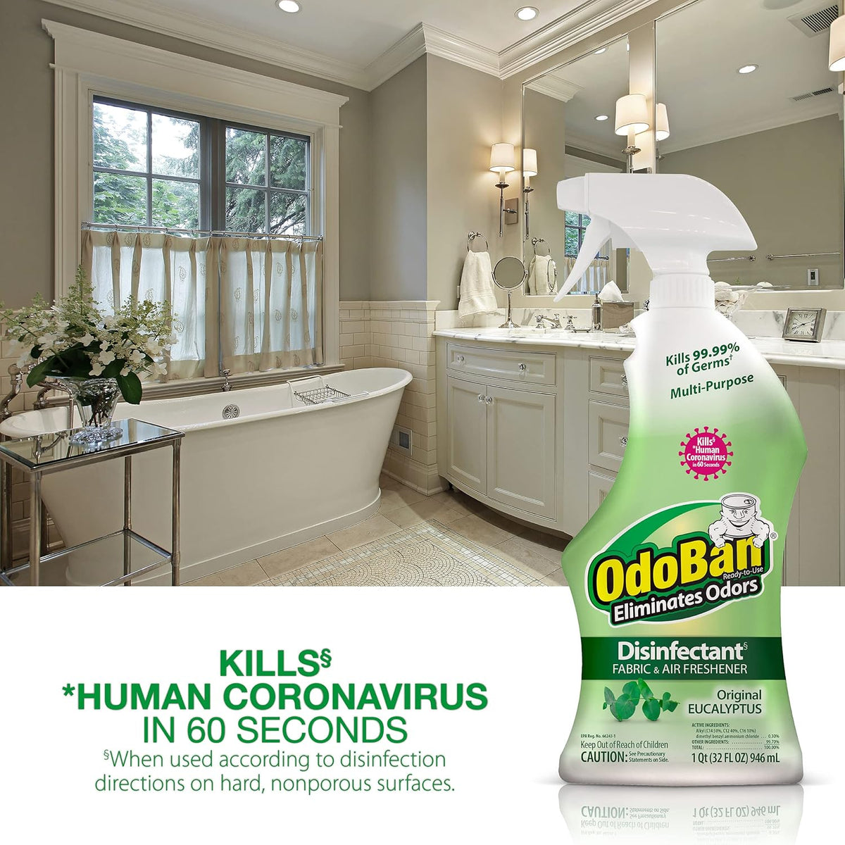 OdoBan Ready-to-Use Disinfectant and Odor Eliminator, Set of 3 Spray Bottles, Made in the USA, Original Eucalyptus and Lavender Scents, 32 Ounces Each