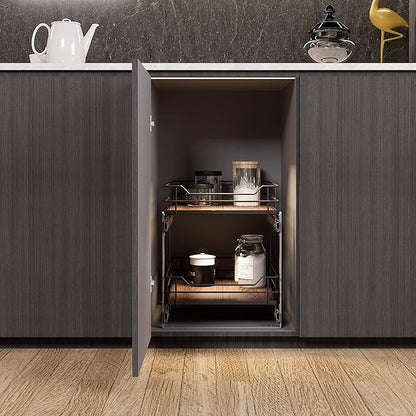 Home Zone Living Pull Out Kitchen Cabinet Organizer with 2 Tiers of Storage for Easy Access, 15”W x 20”D, Matte Black With Dark Brown, Virtuoso Collection