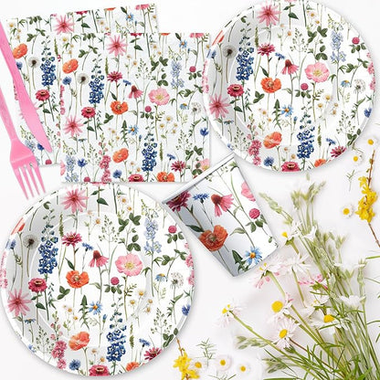 Floral Party Decorations Tableware, Spring Summer Flower Wildflower Party Supplies for Birthday Baby Shower, Paper Plate, Cup, Napkin, Tablecloth, Disposable Cutlery, Serves 24