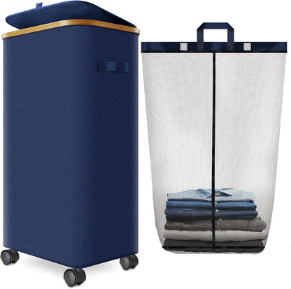 Laundry Hamper with Wheels,29 Gal (110L) Laundry Basket with lid Rolling Clothes Hamper Foldable Dirty Clothes Basket on wheels with Bamboo Frame and Bag for Bedroom, Dorm, Laundry Room-Blue