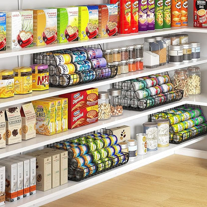 2-Tier Stackable Can Organizer for Pantry Shelves, 2 Pack Soda Can Organizer with 4 Adjustable Dividers, Kitchen Can Storage Organizer, Wire Drink Organizer, Metal Can Dispenser for Cabinets Shelf