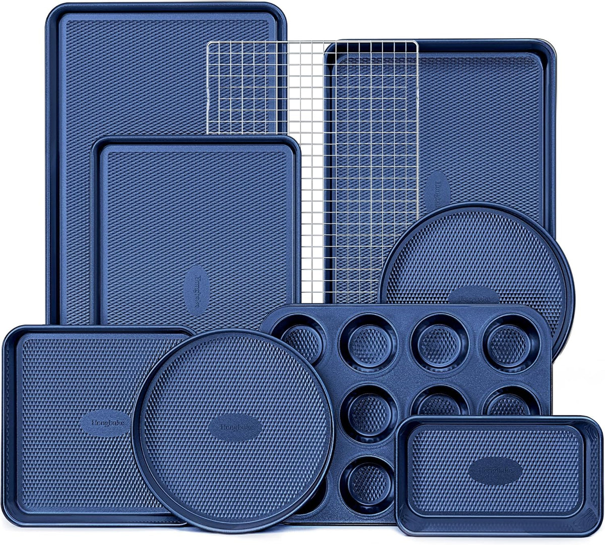 Hongbake 9-Piece Baking Pans Set Nonstick, Stackable Non Toxic Bakeware Sets with Diamond Texture, Oven Pan Set for Cooking