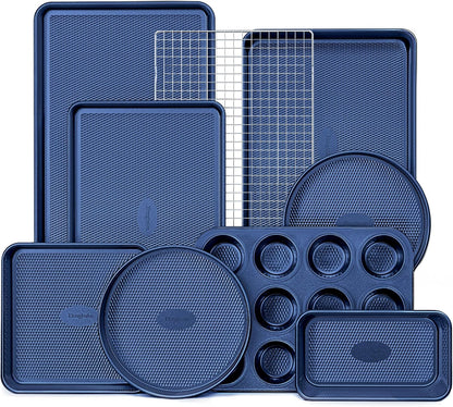Hongbake 9-Piece Baking Pans Set Nonstick, Stackable Non Toxic Bakeware Sets with Diamond Texture, Oven Pan Set for Cooking