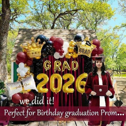 Maroon Themed Graduation Balloon Garland Arch Kit with foil Balloons for High School College students graduate class of 2026 Prom Congrats Party Decorations Backdrop (Burgundy black white gold)