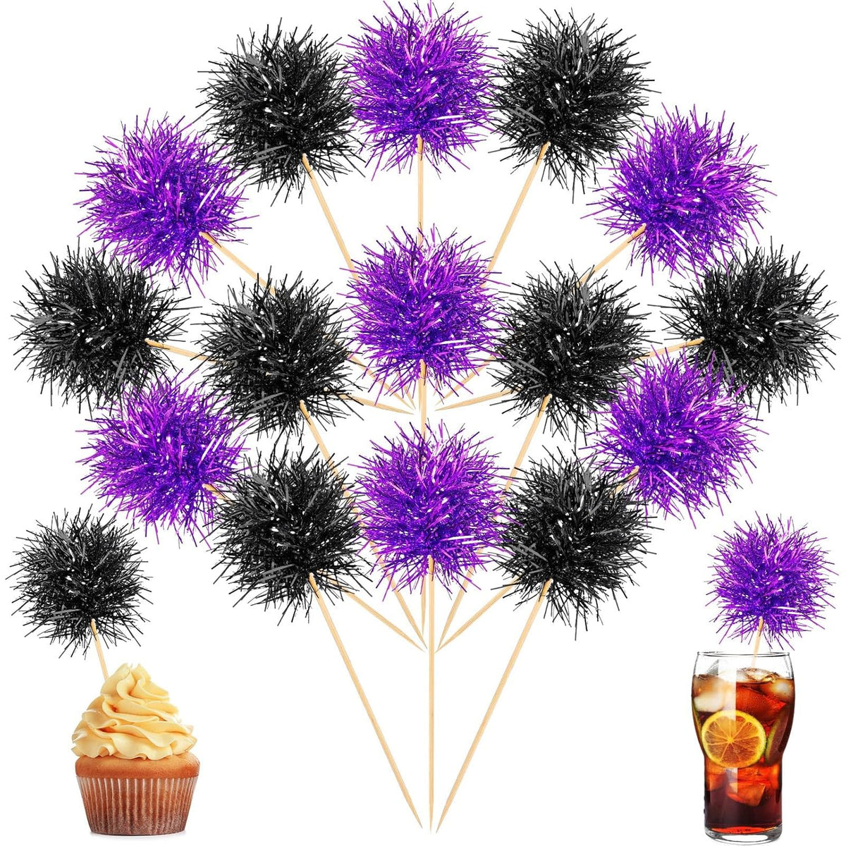 Chinco 100 Pcs Foil Firework Cupcake Toppers Sparkle Tinsel Cake Toppers Cake Decoration Cocktail Fruit Toothpick for Birthday Wedding Graduation Party(Purple, Black)