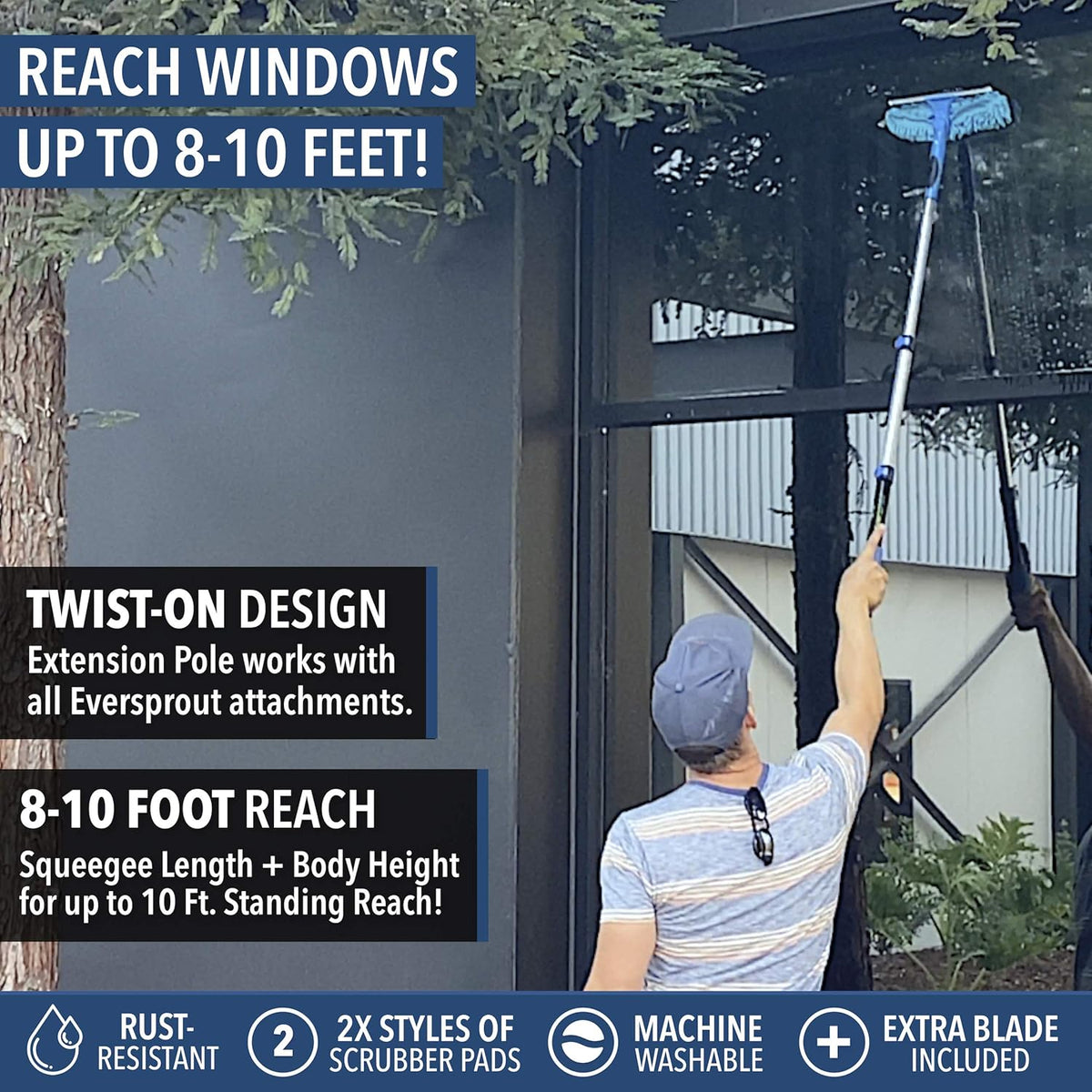 EVERSPROUT 1.5-to-3 Foot Swivel Squeegee and Microfiber Window Scrubber (8-10 Ft Standing Reach) | 2-in-1 Window & Glass Cleaning Combo | Lightweight, Aluminum Extension Pole | Includes 10-inch Blades