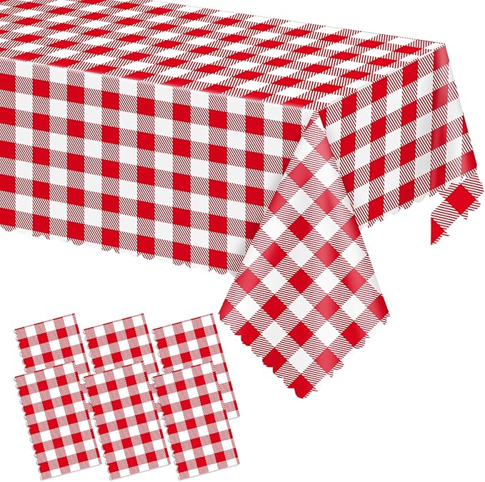 6 Pack Red and White Checkered Tablecloth, Plastic Red Gingham Table Cloth Waterproof Red Checkered Table Cover for Picnic, Banquets, Outdoor Parties 54 X 108Inch