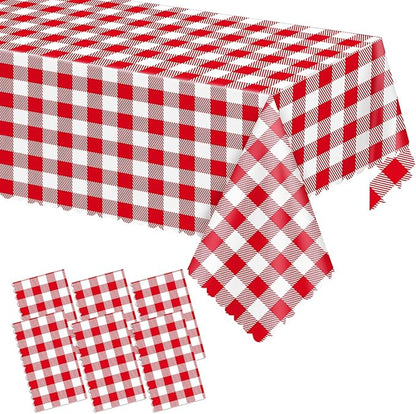 6 Pack Red and White Checkered Tablecloth, Plastic Red Gingham Table Cloth Waterproof Red Checkered Table Cover for Picnic, Banquets, Outdoor Parties 54 X 108Inch
