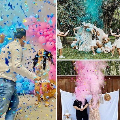 PrimePure Gender Reveal Confetti Cannon - Butterfly Confetti Popper & Biodegradable Powder Cannon - Pink & Blue, 4 Pack - Baby Girl or Boy Gender Reveal Smoke Bombs Baby Powder Paper Party Poppers