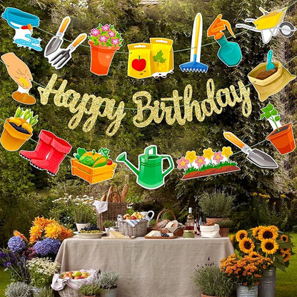 Garden Birthday Party Decorations 3Pcs Gardening Tool Theme Banner Garlands Gardening Birthday Hanging Decorations for Spring Theme Party Supplies