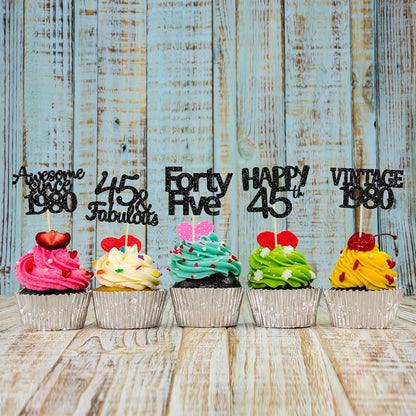 Gyufise 30 Pack Black Glitter 45th Birthday Cupcake Toppers Vintage 1980 Awesome Since 1980 45 Fabulous Cupcake Picks 45th Birthday Wedding Anniversary Party Cake Decorations Supplies