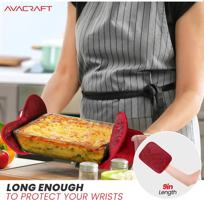 Avacraft Red Pot Holders Set, Flexible, 100% Cotton with Non-Slip Heat Resistant Silicone Design, Thick Terry Cloth Interior, Hot Pads