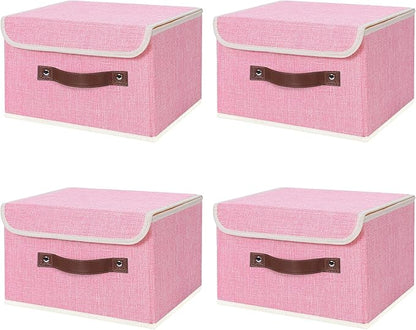 ANMINY 4PCS Storage Bins with Lid PU Leather Handles Storage Boxes PP Plastic Board Decorative Foldable Lidded Cotton Linen Fabric Home Cubes Baskets Closet Organizer Containers - Pink, Small Size