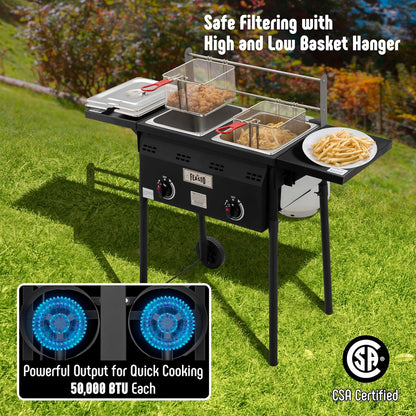 Outdoor Propane Deep Fryer,Dual Tank with Dual Independent Cast Iron Burners and Thermometers,Removable Fryer Pot,Baskets & Lids, Movable Propane Fryer Cart with Regulathor,50000 BTU