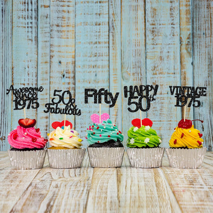 Gyufise 30Pcs Vintage 1975 Cupcake Toppers 50th Birthday Cake Decorations Cheers to 50 Fabulous Fifty Cupcake Picks 50th Birthday Wedding Anniversary