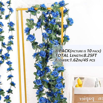 Miracliy 8Pcs 66FT Blue Flower Garland, Artificial Rose Floral Vines Fake Hanging Spring Flower Garland for Wall Backdrop Wedding Arch Tea Party Door Mantle Decoration